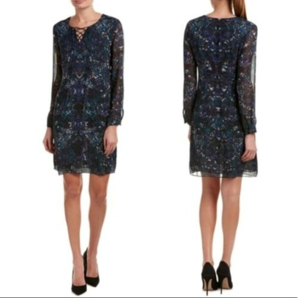 Cabi Women’s Dress Noel Eternity Damask Print Shift Tie Neck Blue Green - XL